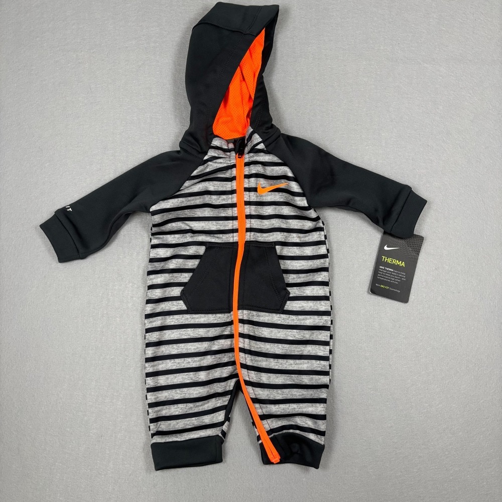 Nike Therma Dri-Fit Hooded Jumper Zip Up Babies 0-3M Anthracite Striped New NWT